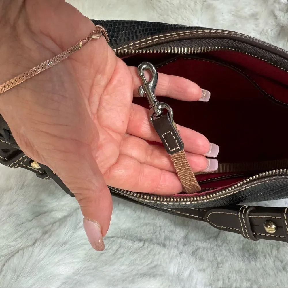 Dooney & Burke Pebble Grain Leather Lizard Embossed Hobo Shoulder Bag Brown